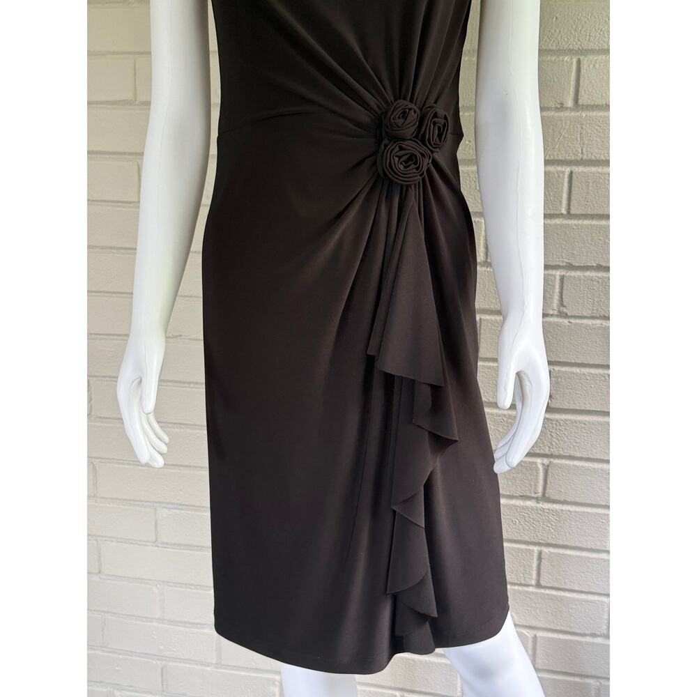 Frank Lyman Black Boat Neck Dress 8 Draped Ruched Rosette 90s Minimalist Midi - Picture 3 of 11